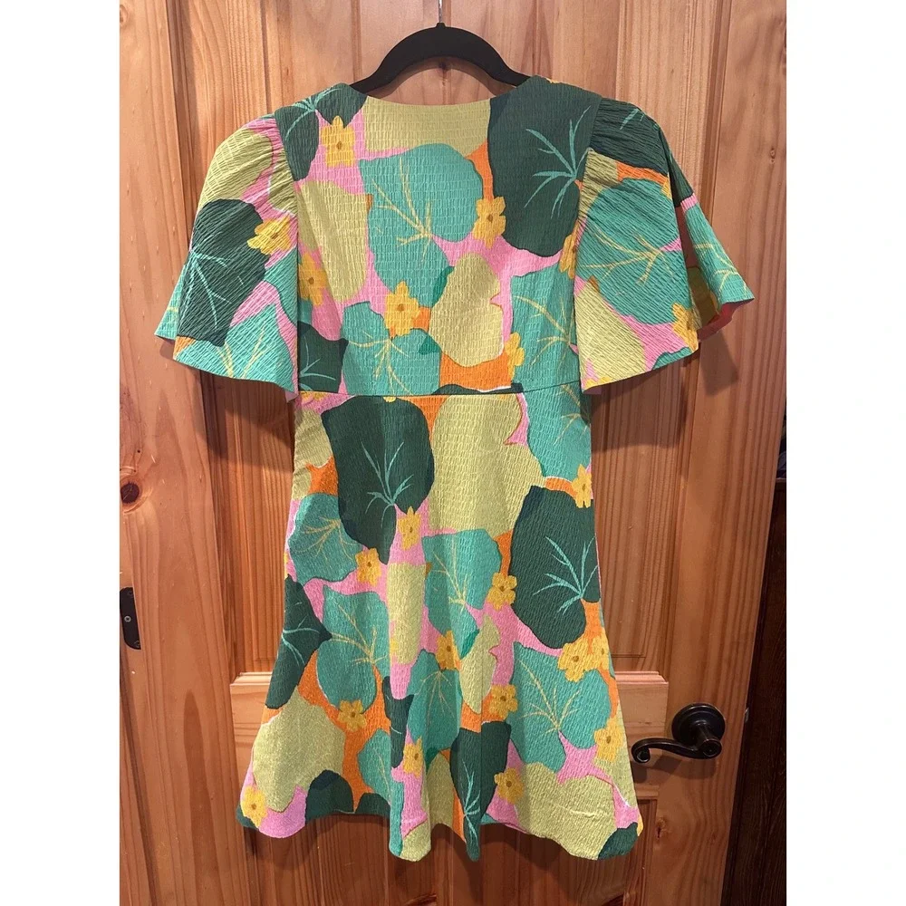 Kate Spade New York Cucumber Floral Swing‎ Dress Green Orange Pink V-Neck Mini 0